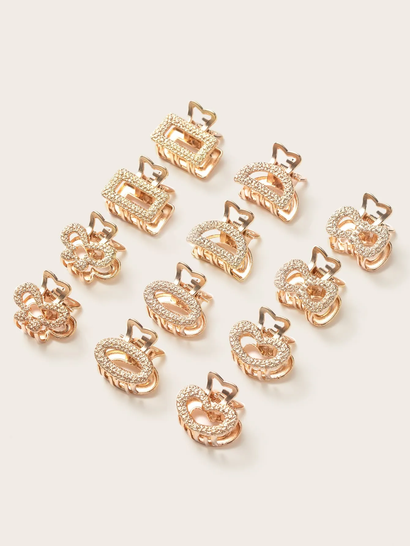 12pcs Glitter Bow & Butterfly & Heart & Rectangle Design Hair claw - Gold