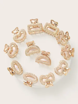 12pcs Glitter Bow & Butterfly & Heart & Rectangle Design Hair claw - Gold