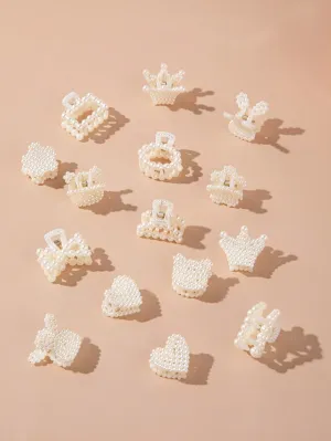 15pcs Faux Pearl Decor Hair Claw - White