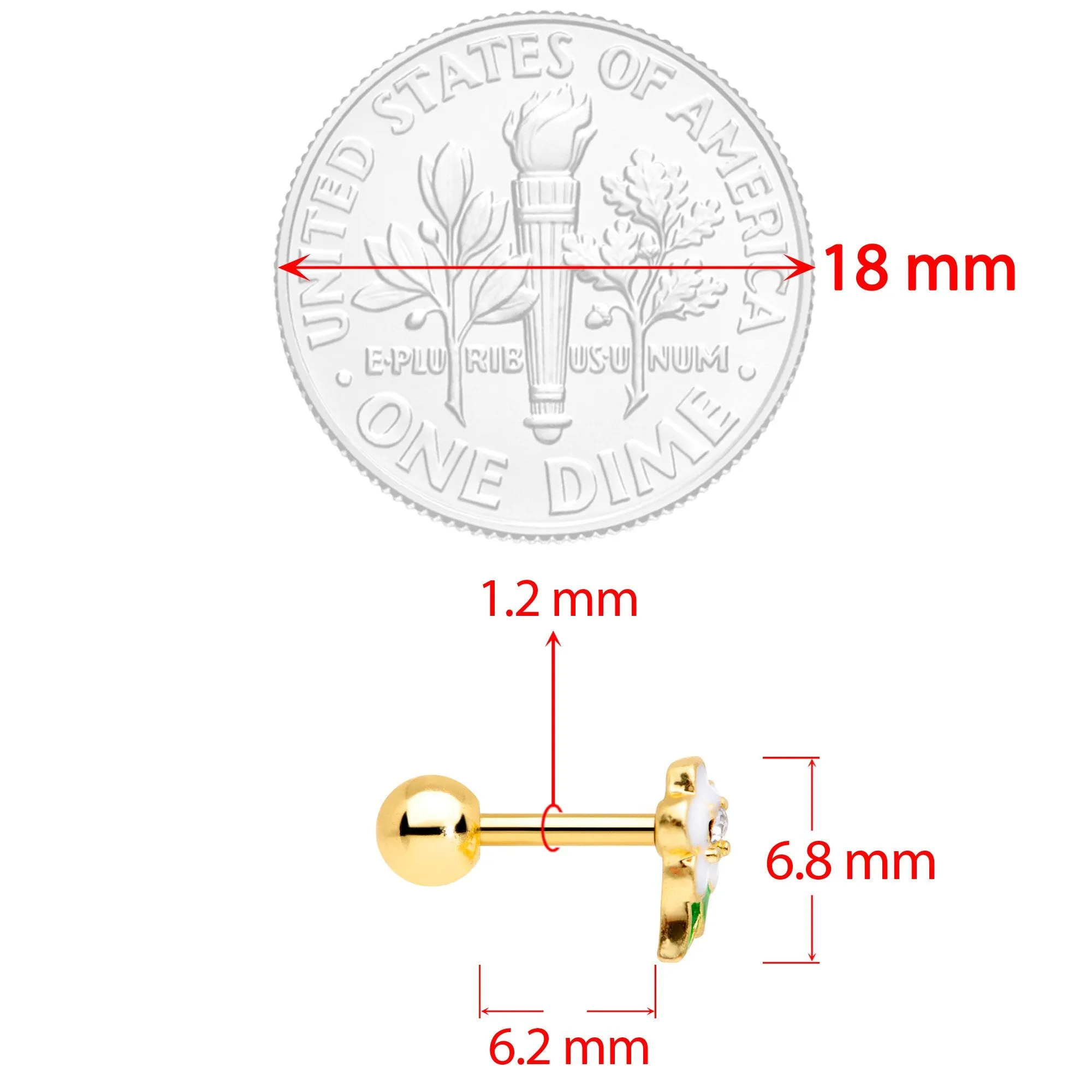 16 Gauge 1/4 Clear Gem Gold Tone White Flower Cartilage Earring