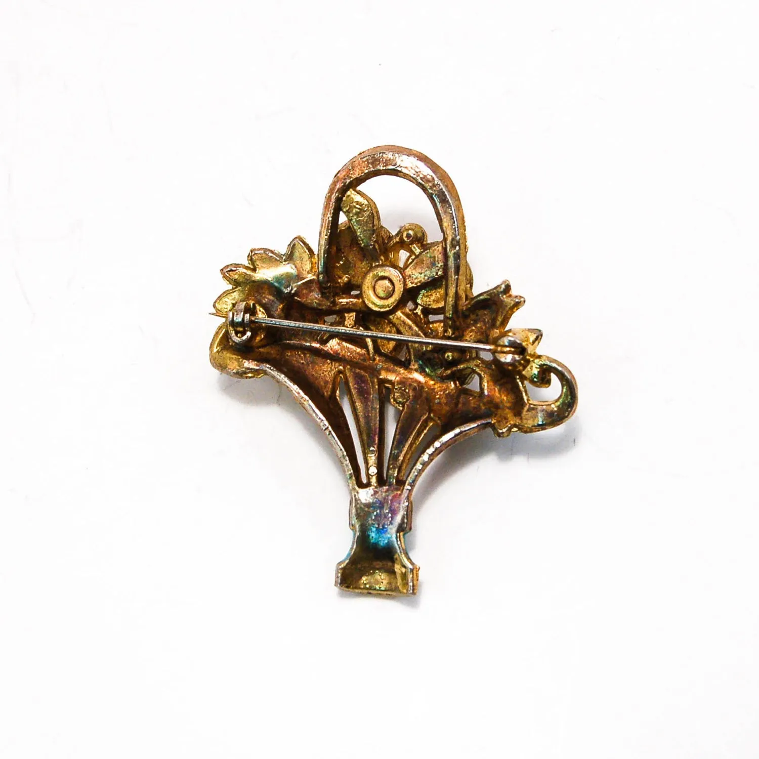 1940s Basket of Flowers Brooch with Rhinestones and Moonstones
