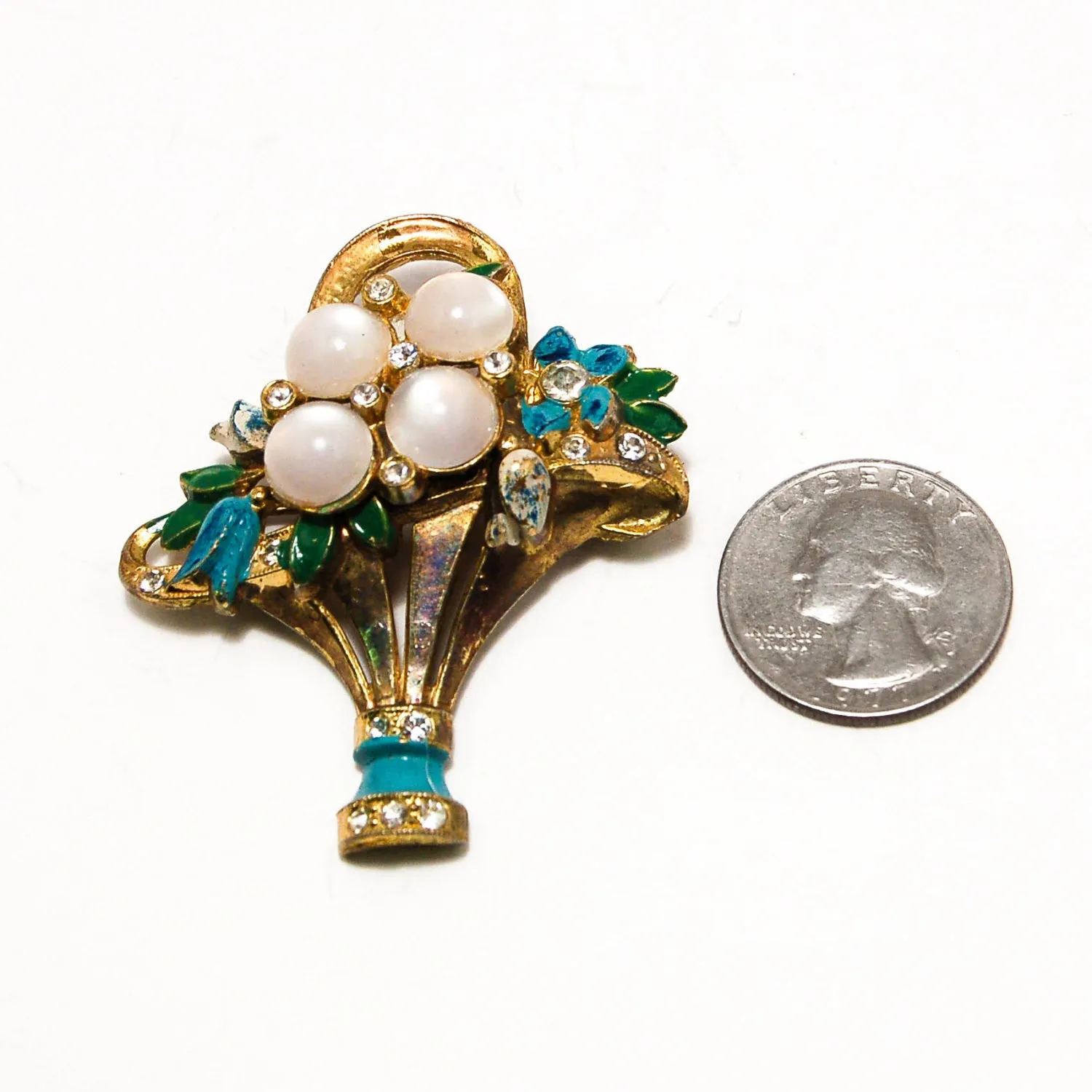 1940s Basket of Flowers Brooch with Rhinestones and Moonstones