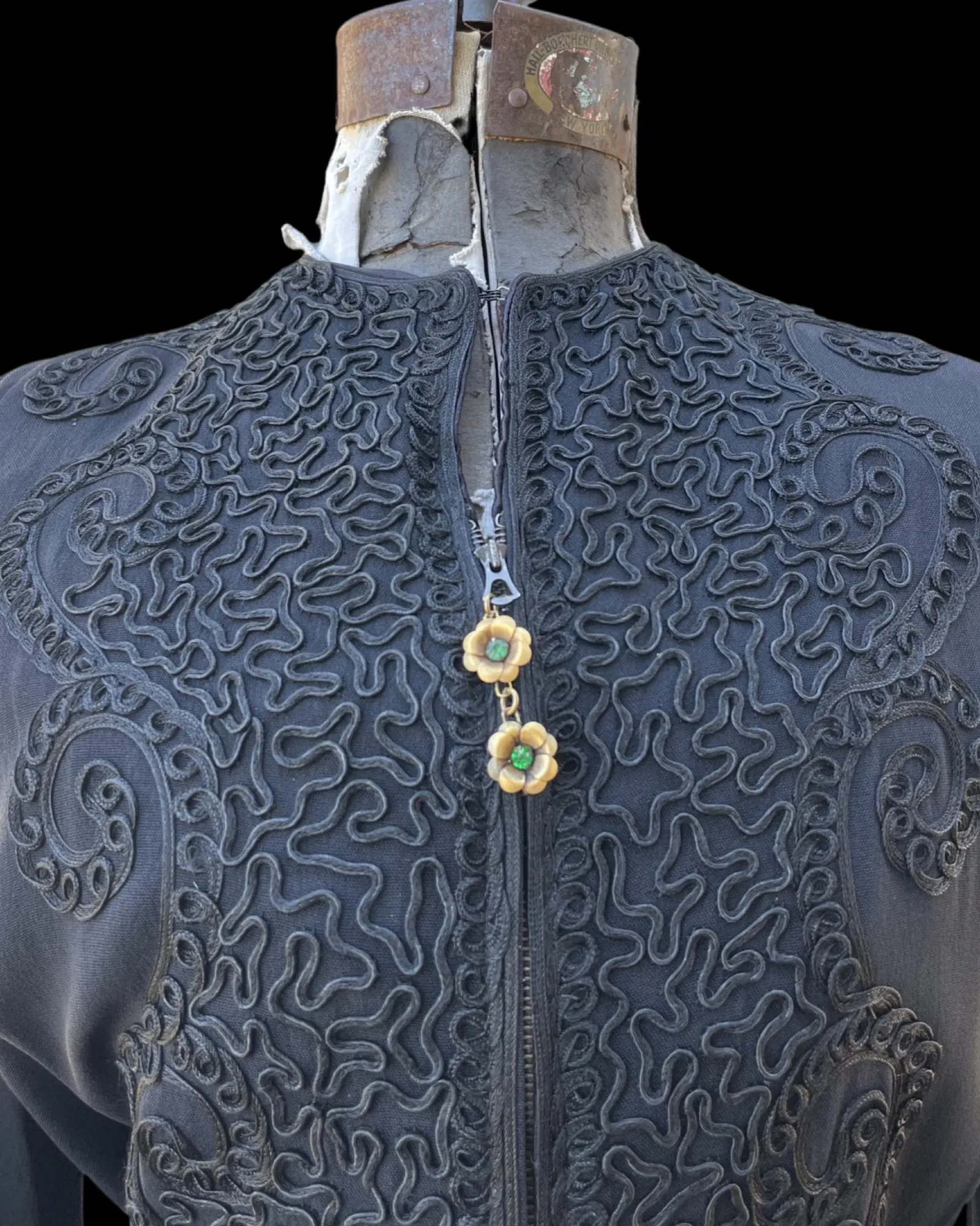 1940s Rayon Crepe Soutache Zip Front Dress