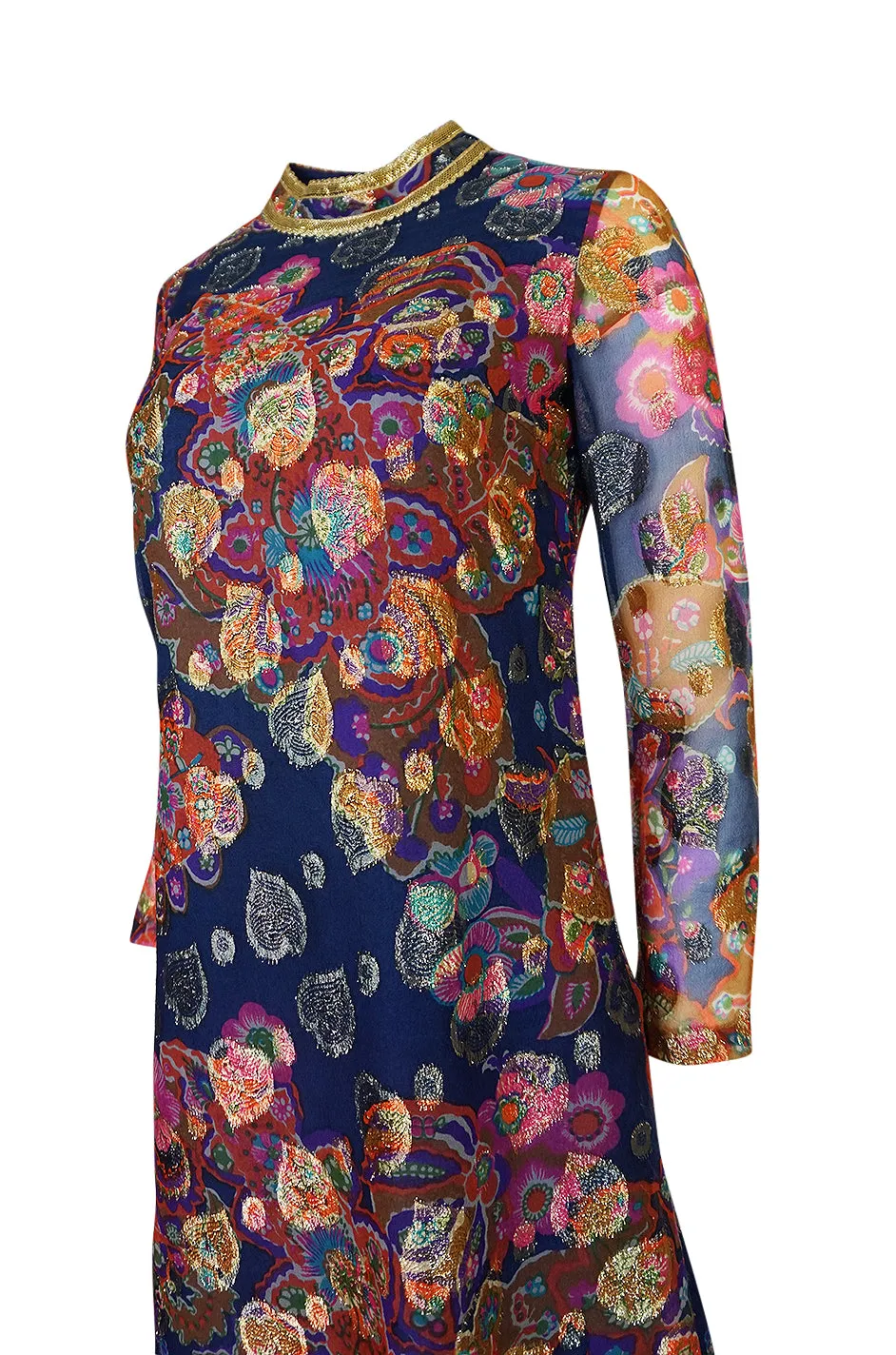 1960s B Cohen Gold Hearts & Blue Floral Print Organza Dress