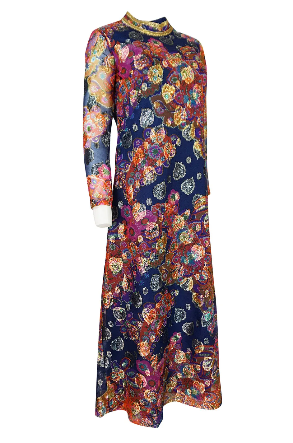 1960s B Cohen Gold Hearts & Blue Floral Print Organza Dress