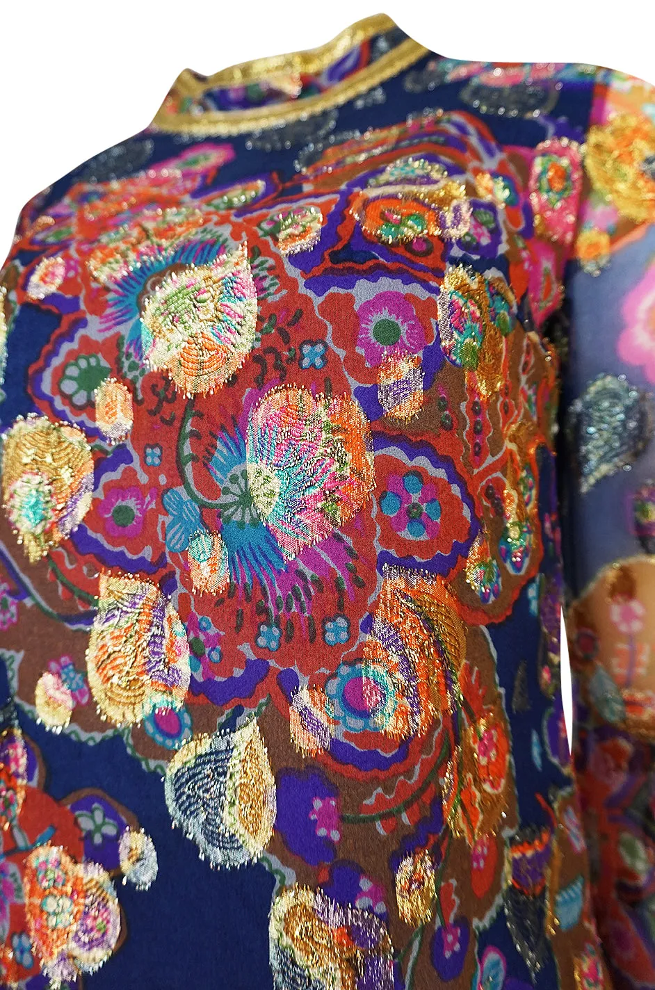 1960s B Cohen Gold Hearts & Blue Floral Print Organza Dress