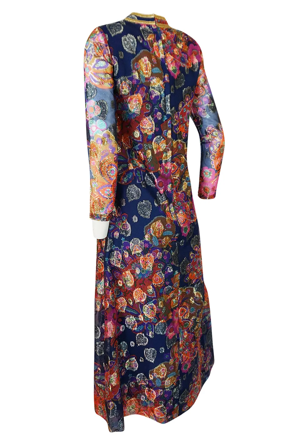 1960s B Cohen Gold Hearts & Blue Floral Print Organza Dress