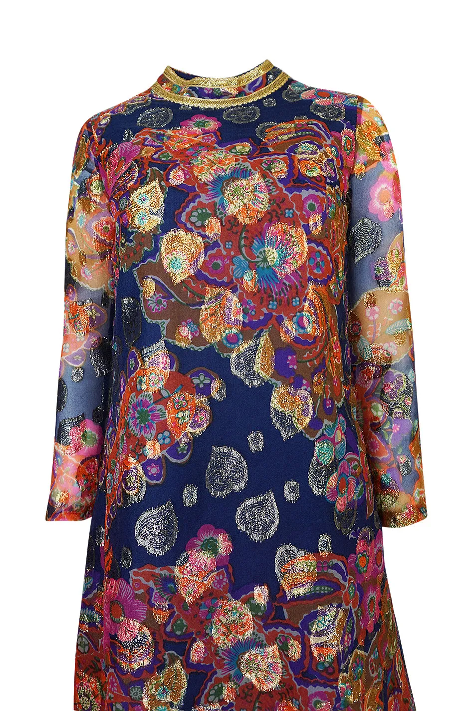 1960s B Cohen Gold Hearts & Blue Floral Print Organza Dress