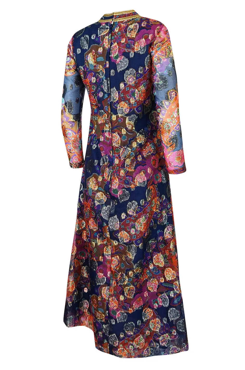 1960s B Cohen Gold Hearts & Blue Floral Print Organza Dress