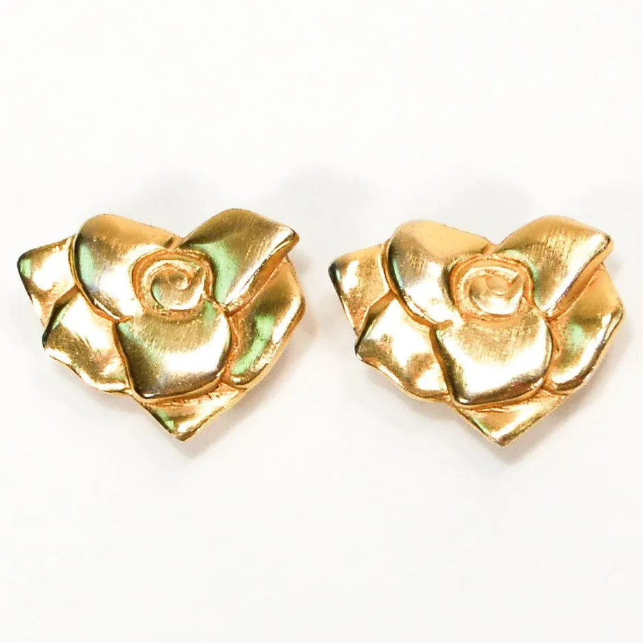 1980's Gold Tone Rose Earrings