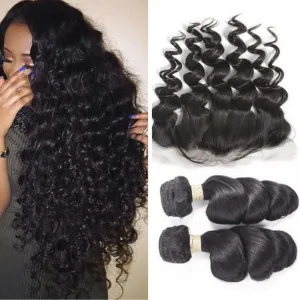 2 Bundles With 13x4 Lace Frontal Loose Wave Natural Black Brazilian Virgin Human Hair