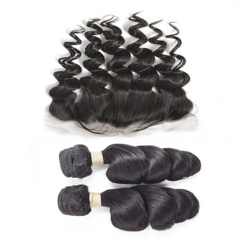 2 Bundles With 13x4 Lace Frontal Loose Wave Natural Black Brazilian Virgin Human Hair