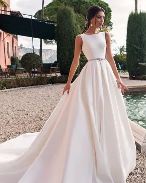 2019 Elegant Satin Wedding Dresses with Belt Beaded A line Scoop Modest Bridal Gowns Backless