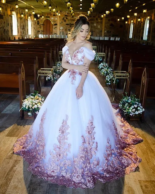 2020 Elegant Lace Wedding Dress Ball Gown Cap Sleeves Blush Appliques Princess Bridal Gowns