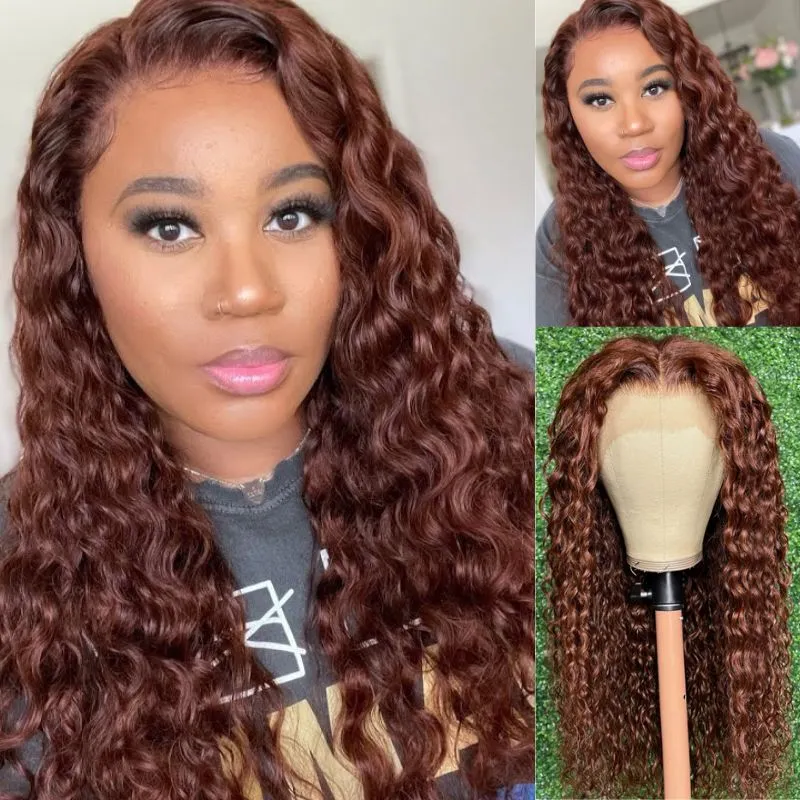 33 Red Brown Auburn Water Wave Human Hair Wig Transparent T Part Lace Wig