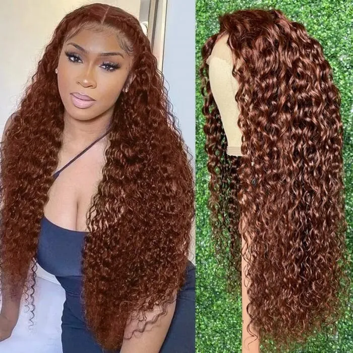 33 Red Brown Auburn Water Wave Human Hair Wig Transparent T Part Lace Wig