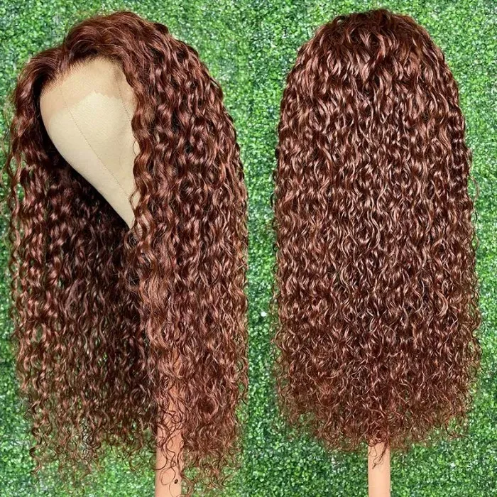 33 Red Brown Auburn Water Wave Human Hair Wig Transparent T Part Lace Wig