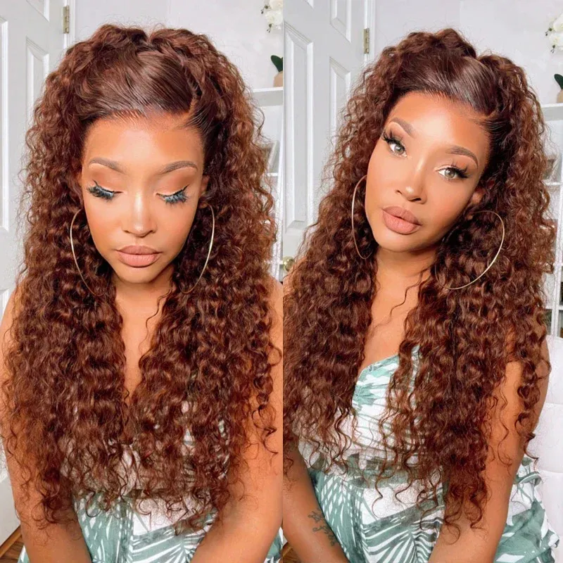 33 Red Brown Auburn Water Wave Human Hair Wig Transparent T Part Lace Wig