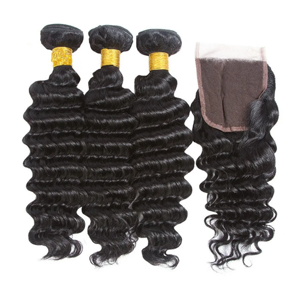 4x4 Lace Closure Deep Wave Virgin Human Hair 3 Bundles