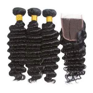 4x4 Lace Closure Deep Wave Virgin Human Hair 3 Bundles