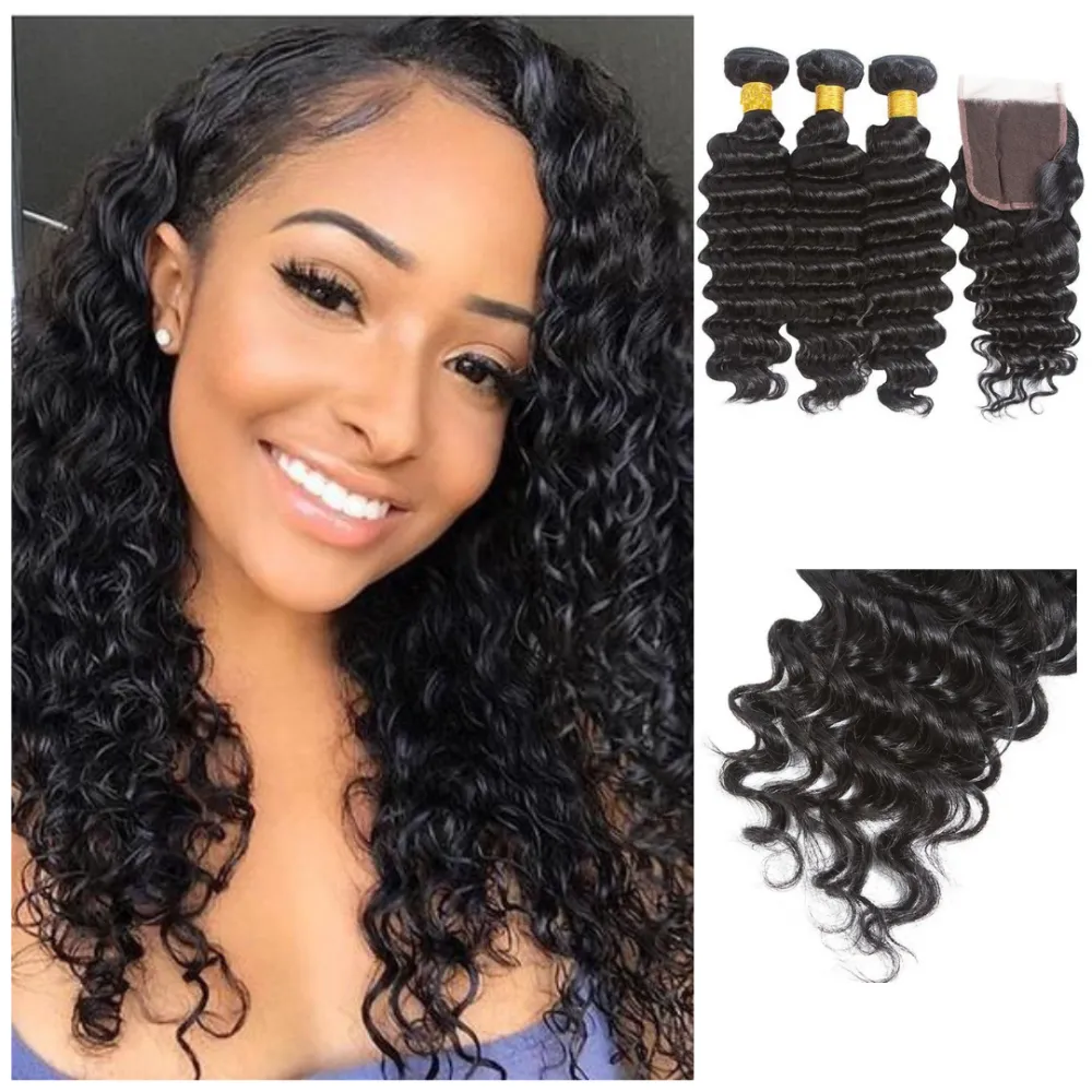 4x4 Lace Closure Deep Wave Virgin Human Hair 3 Bundles