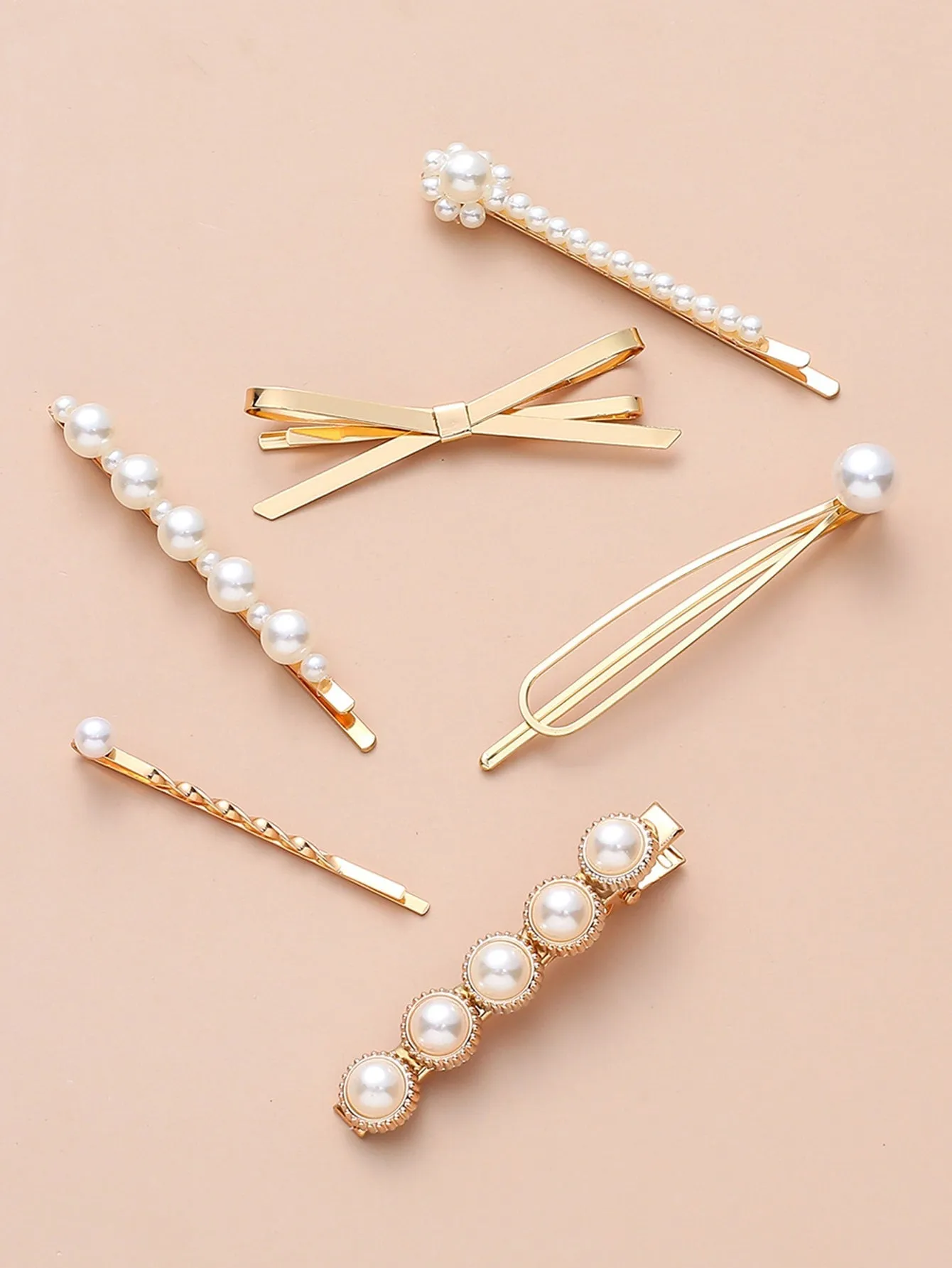 6pcs Metal Butterfly Faux Pearl Hair Clip  - Gold