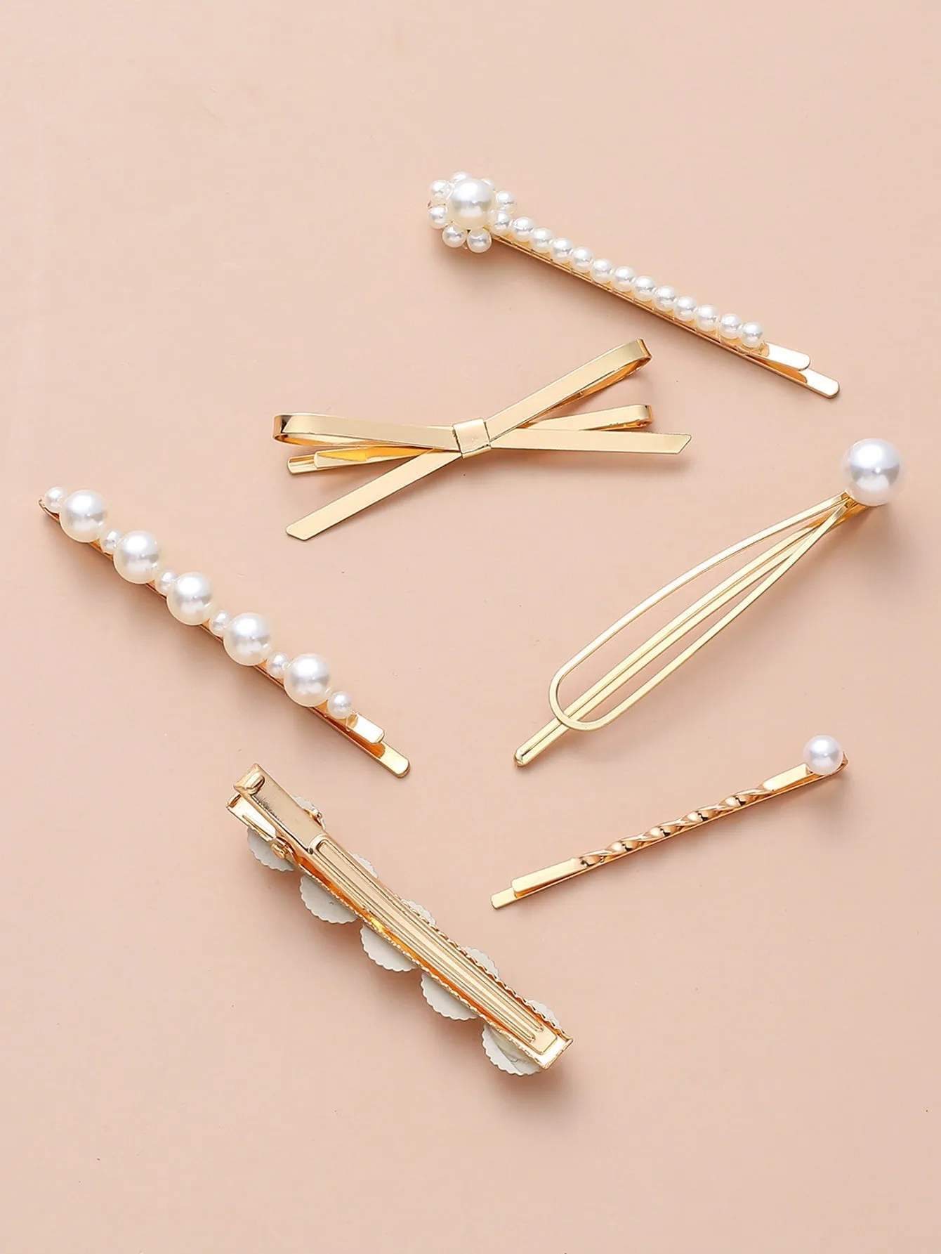 6pcs Metal Butterfly Faux Pearl Hair Clip  - Gold