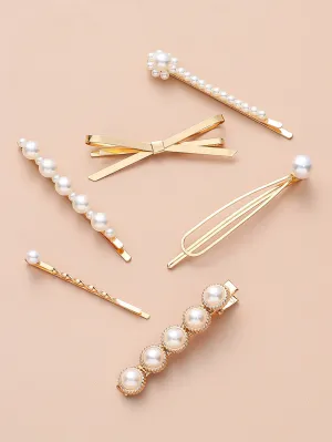 6pcs Metal Butterfly Faux Pearl Hair Clip  - Gold