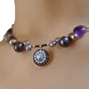 Amethyst in Her Garden: pearl, labradorite mosaic necklace