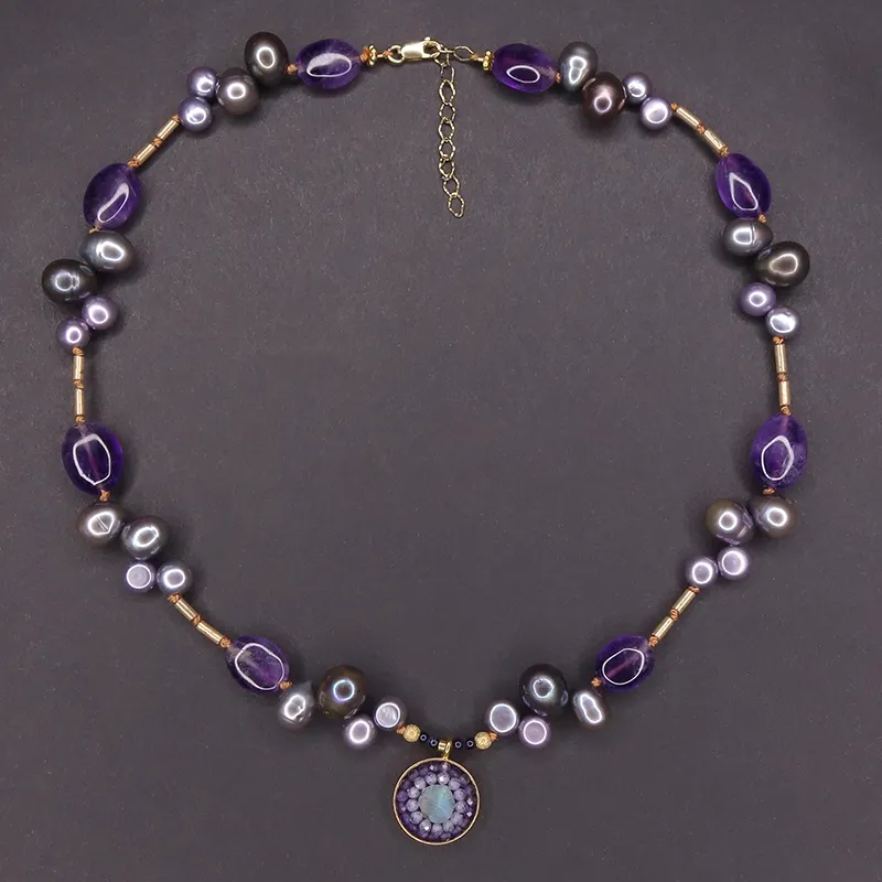 Amethyst in Her Garden: pearl, labradorite mosaic necklace