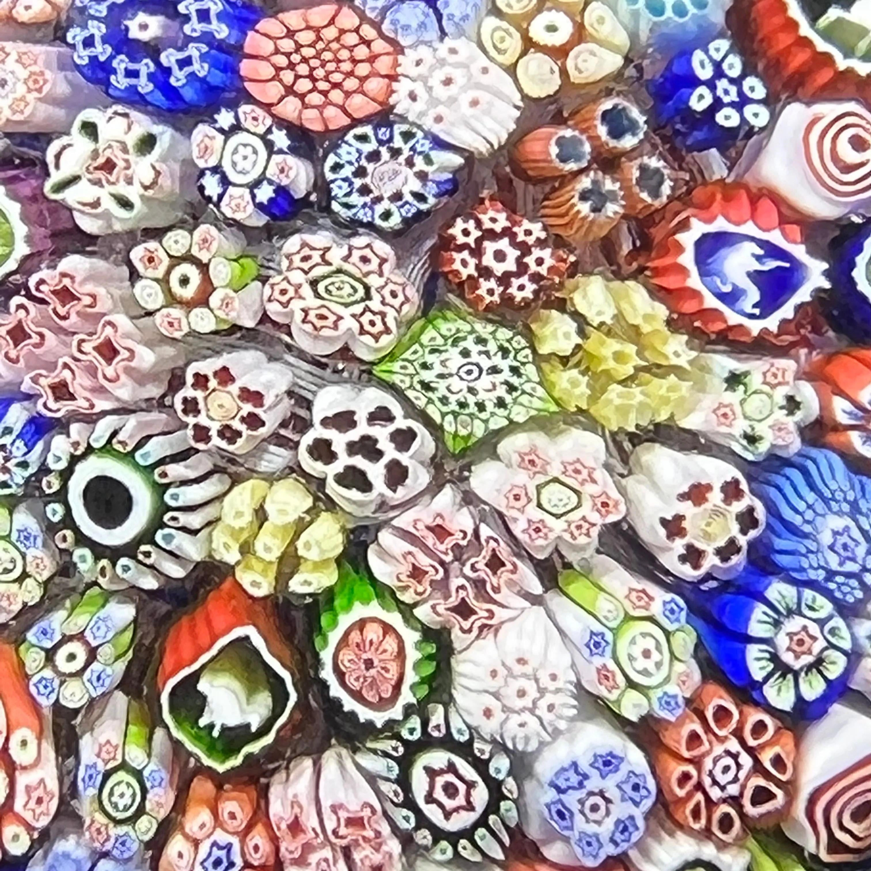 Antique Baccarat 1847 Closepack "Church Weight" with Complex Millefiori Gridel Silhouette Canes & One Flower Stem Murrine