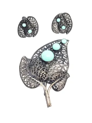 Antique lace leaf turquois glass silver plated vintage brooch and earrings set
