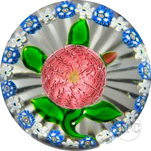 Antique Saint-Louis Glass Art Paperweight Lampwork Pink Pompon Blossom with Blue and White Millefiori Garland