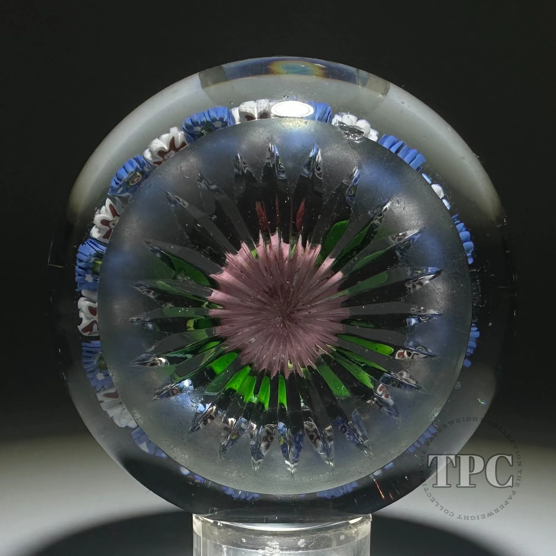 Antique Saint-Louis Glass Art Paperweight Lampwork Pink Pompon Blossom with Blue and White Millefiori Garland