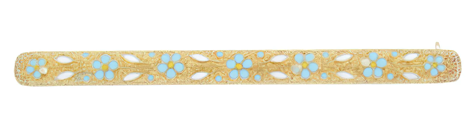 Antique Victorian Enameled Flowers Bar Brooch in 10 Karat Yellow Gold