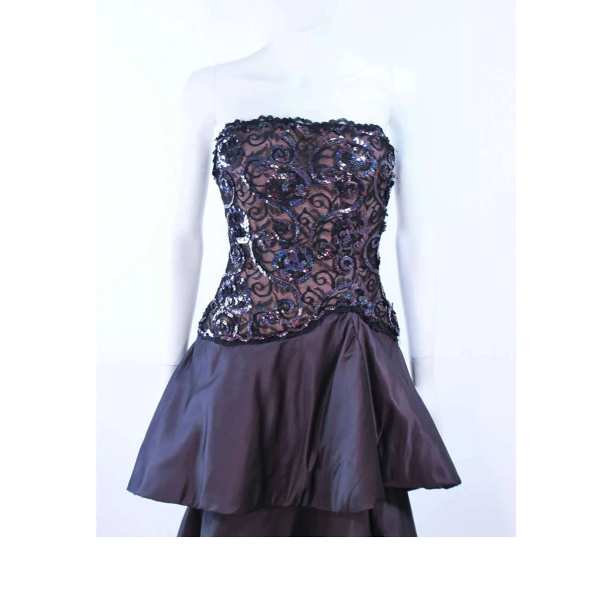 ARNOLD SCAASI 1980s Black Lace Sequin Tiered Gown Size  4-6