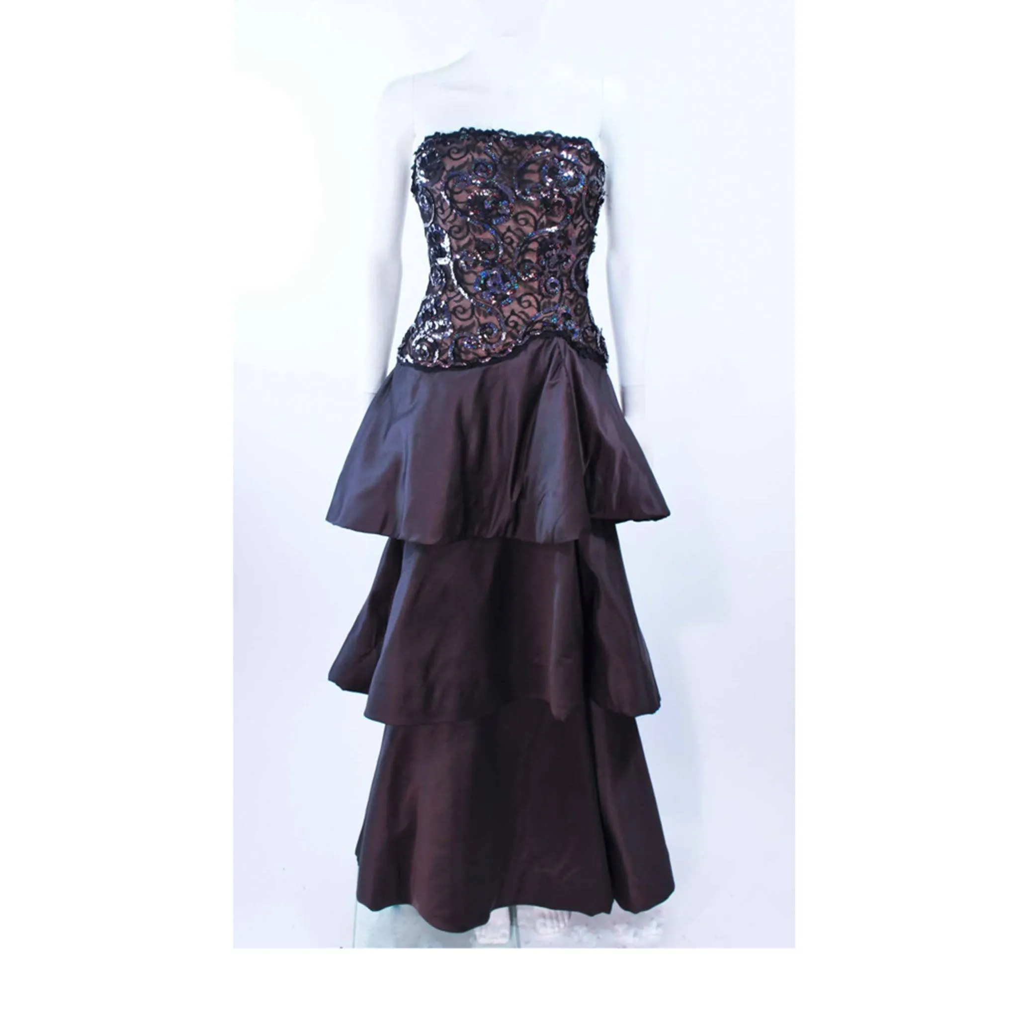 ARNOLD SCAASI 1980s Black Lace Sequin Tiered Gown Size  4-6