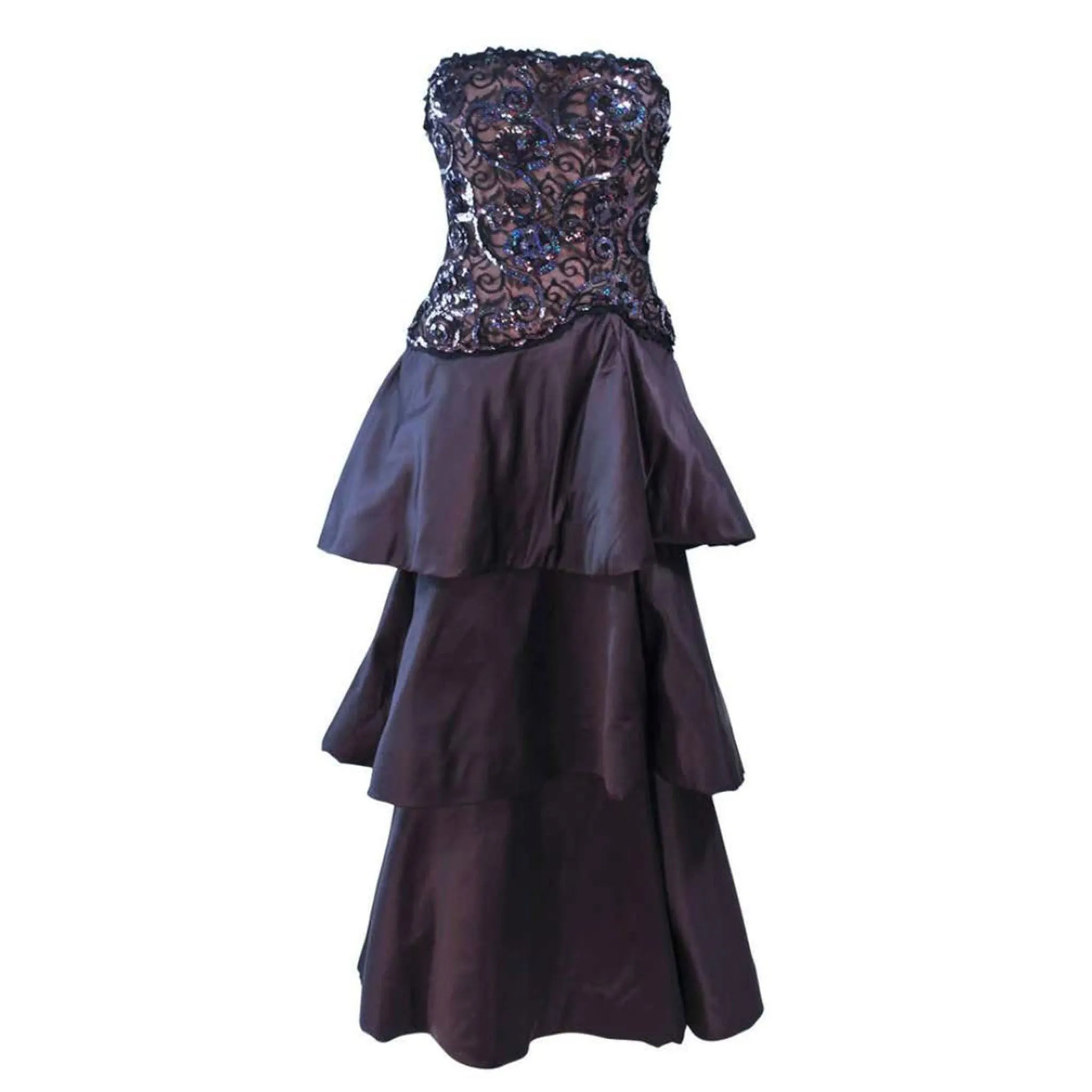 ARNOLD SCAASI 1980s Black Lace Sequin Tiered Gown Size  4-6