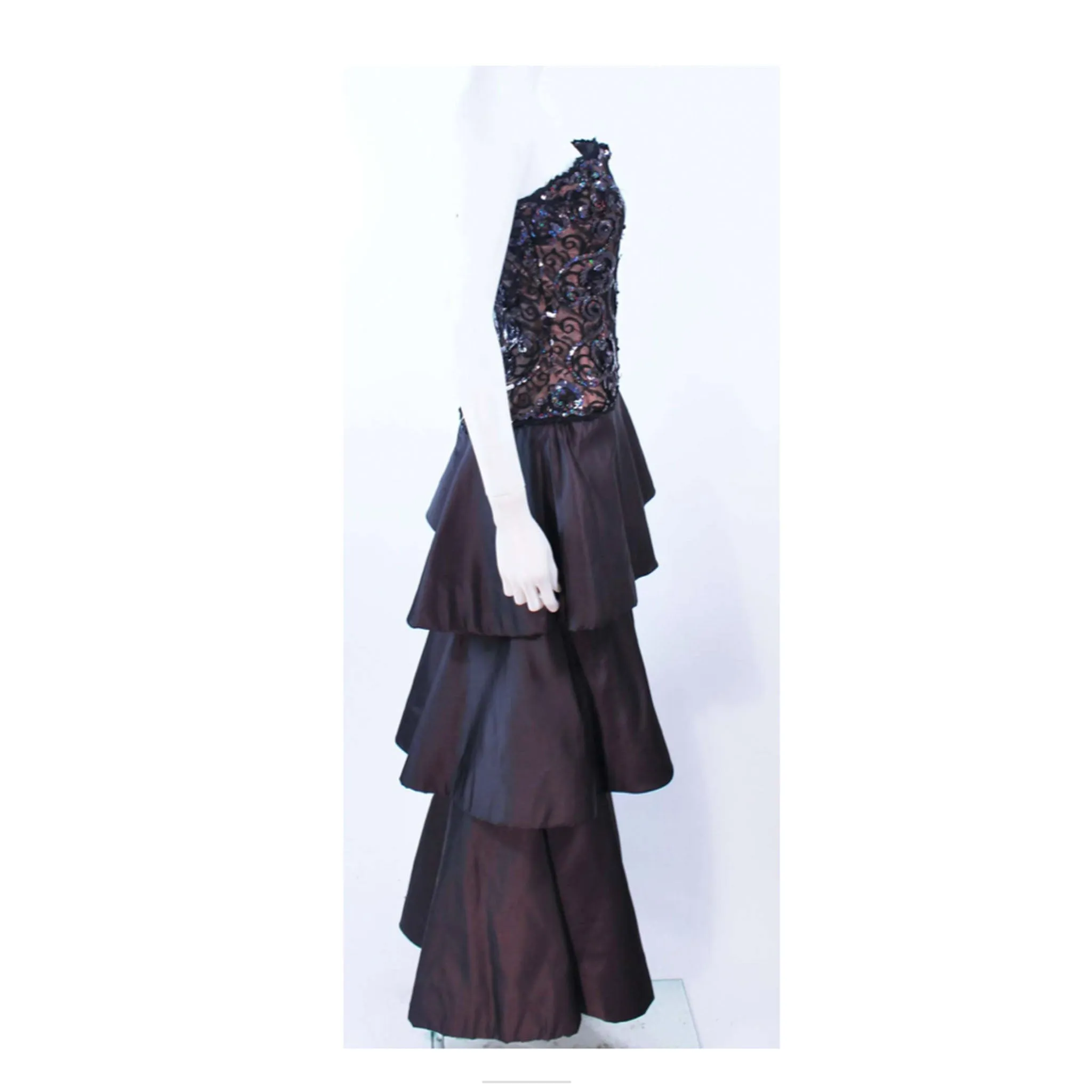 ARNOLD SCAASI 1980s Black Lace Sequin Tiered Gown Size  4-6
