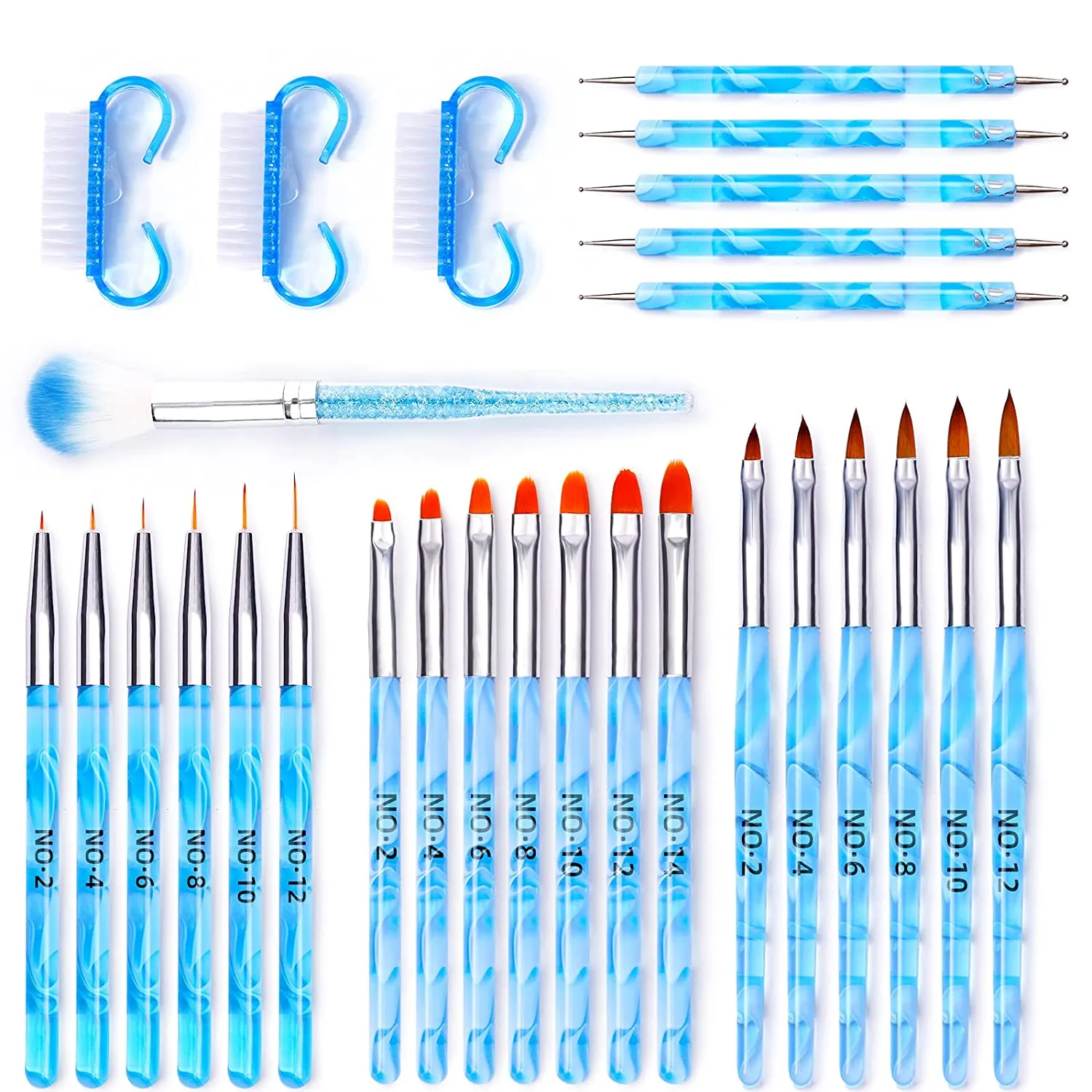 AROIC 28 Pcs Acrylic Nail Brush Set Including 7 Pcs UV Gel Nail Art Brushes, 6 Pcs 3D Nail Extension Brush, 5Pcs Double Ended Dotting Nail Pen For Nail Art DIY With White Box, colorful