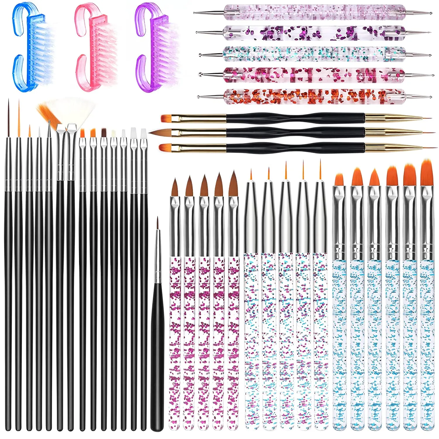 AROIC 28 Pcs Acrylic Nail Brush Set Including 7 Pcs UV Gel Nail Art Brushes, 6 Pcs 3D Nail Extension Brush, 5Pcs Double Ended Dotting Nail Pen For Nail Art DIY With White Box, colorful