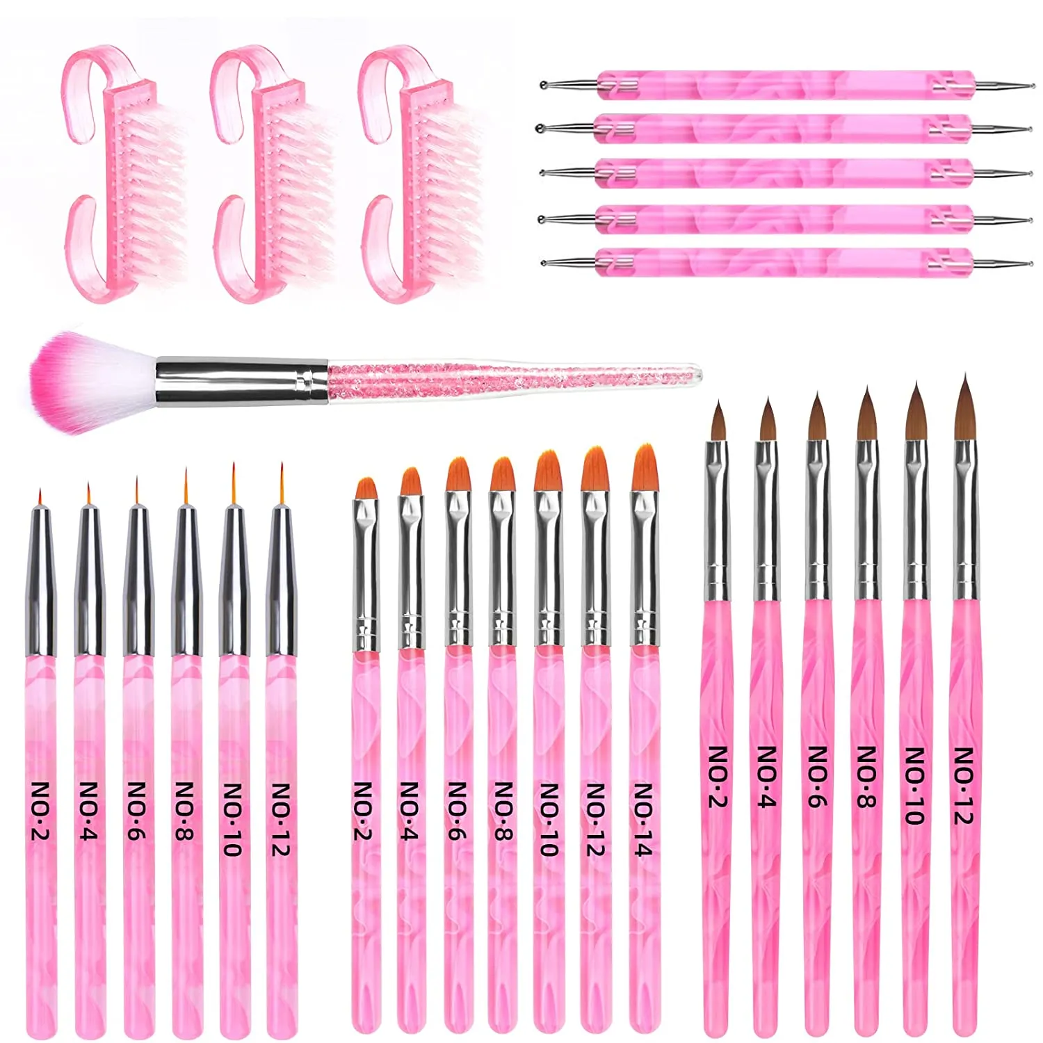 AROIC 28 Pcs Acrylic Nail Brush Set Including 7 Pcs UV Gel Nail Art Brushes, 6 Pcs 3D Nail Extension Brush, 5Pcs Double Ended Dotting Nail Pen For Nail Art DIY With White Box, colorful