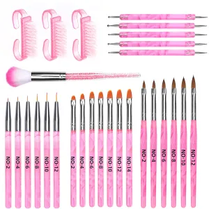 AROIC 28 Pcs Acrylic Nail Brush Set Including 7 Pcs UV Gel Nail Art Brushes, 6 Pcs 3D Nail Extension Brush, 5Pcs Double Ended Dotting Nail Pen For Nail Art DIY With White Box, colorful