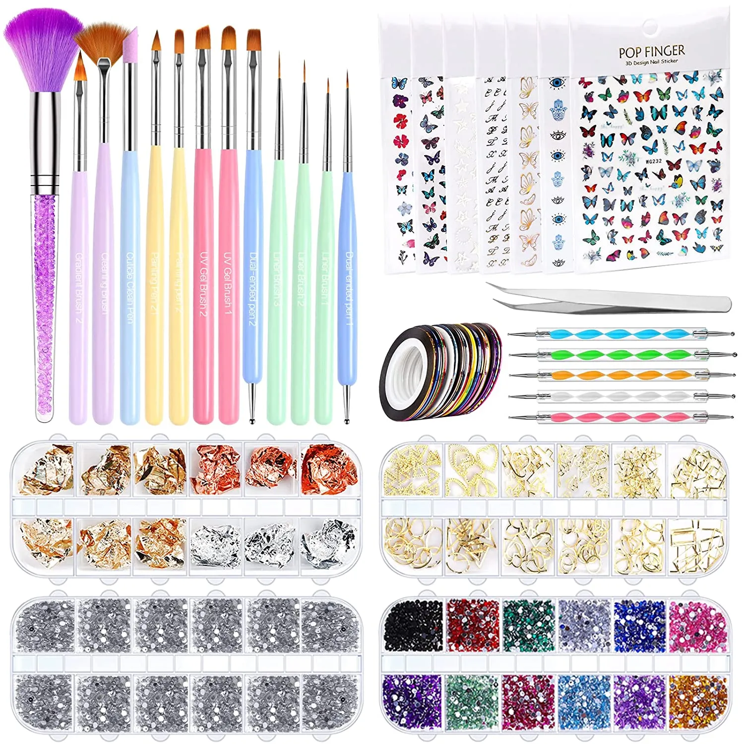 AROIC 28 Pcs Acrylic Nail Brush Set Including 7 Pcs UV Gel Nail Art Brushes, 6 Pcs 3D Nail Extension Brush, 5Pcs Double Ended Dotting Nail Pen For Nail Art DIY With White Box, colorful