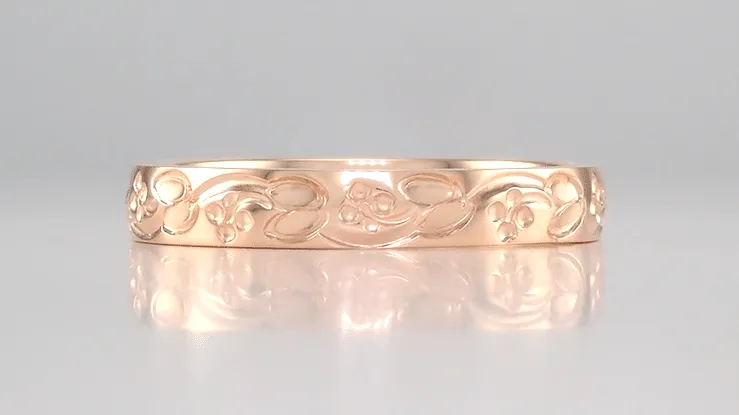 Art Deco Leaves and Flowers Carved Wedding Band in 14 Karat Rose Gold