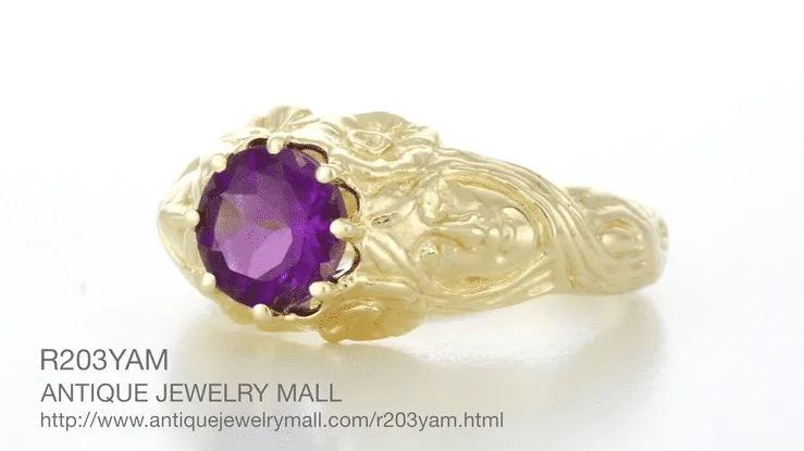 Art Nouveau Flowing Maidens Amethyst Ring in 14 Karat Yellow Gold
