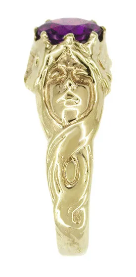 Art Nouveau Flowing Maidens Amethyst Ring in 14 Karat Yellow Gold