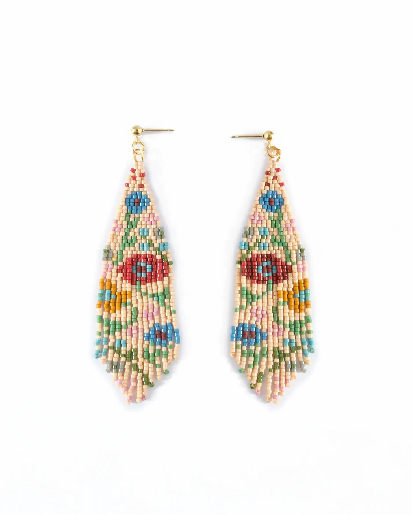Beaded Handwoven Wildflower Fringe Earrings in Tan