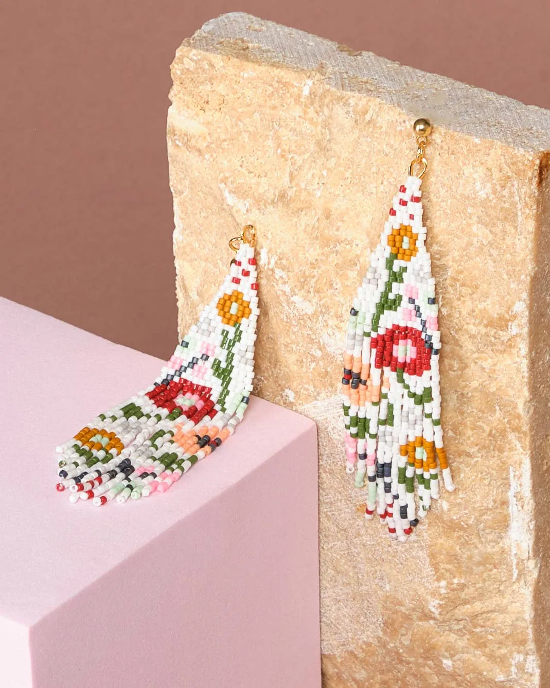 Beaded Wildflower Fringe Earrings - White