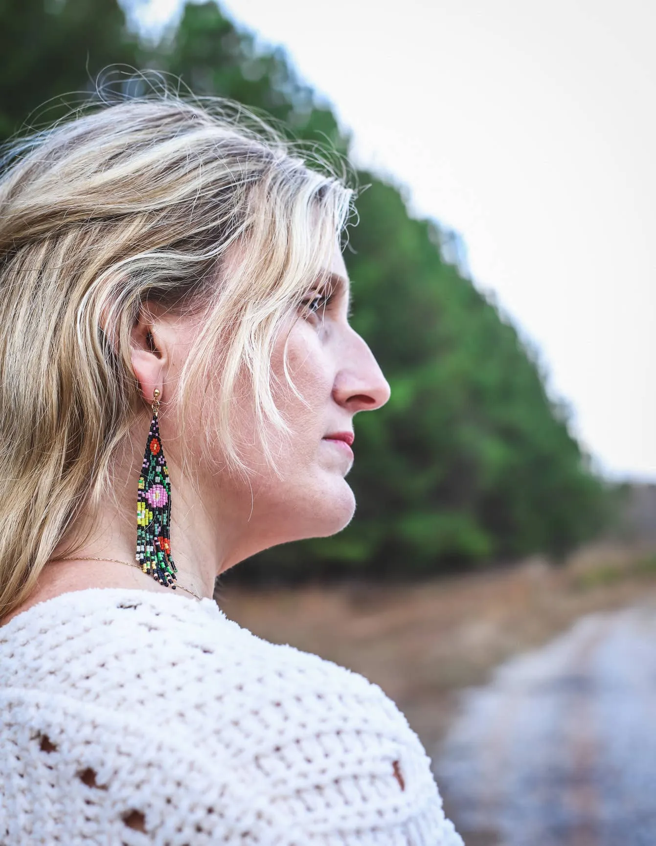Beaded Wildflower Fringe Earrings - White